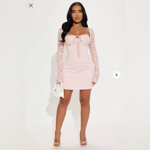 Elegant Pink Lace Sleeve Mini Dress